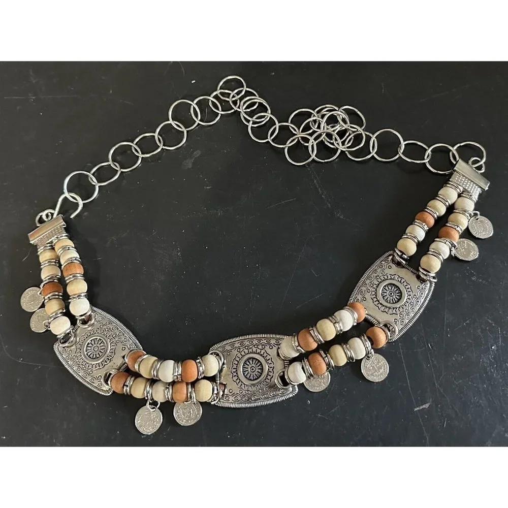 Chain Belt Western Style Beaded  Coins Silver Embossed Cowgirl